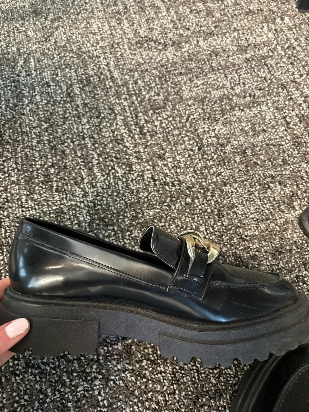 Steve Madden Black Patent Loafers with Gold Chain